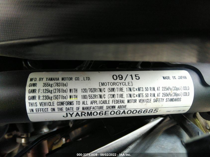 2016 YAMAHA FZ07 JYARM06E0GA006685