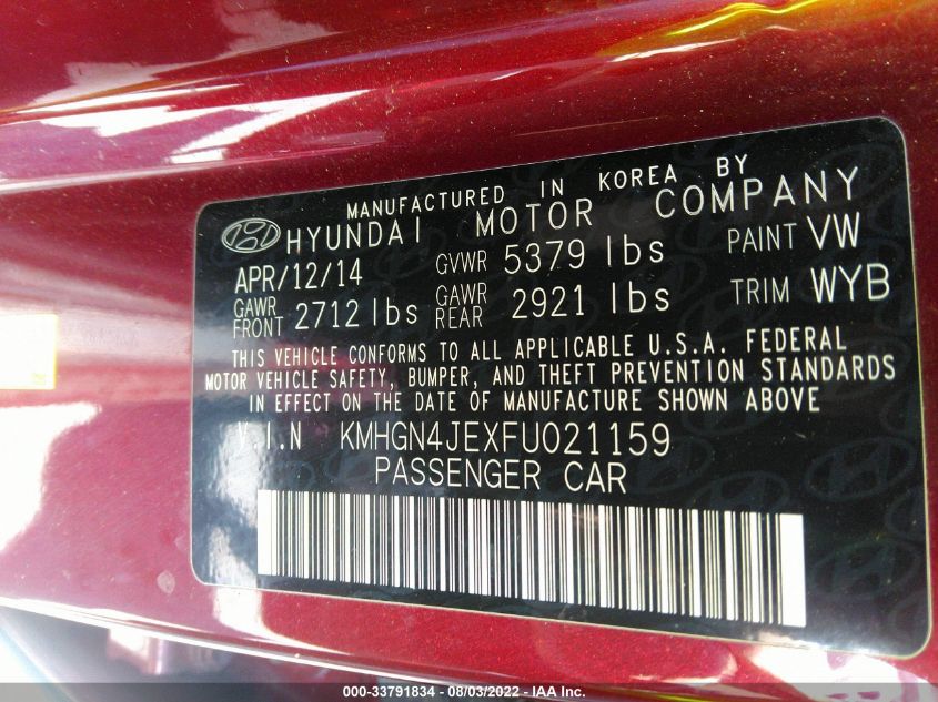 2015 HYUNDAI GENESIS 3.8L KMHGN4JEXFU021159