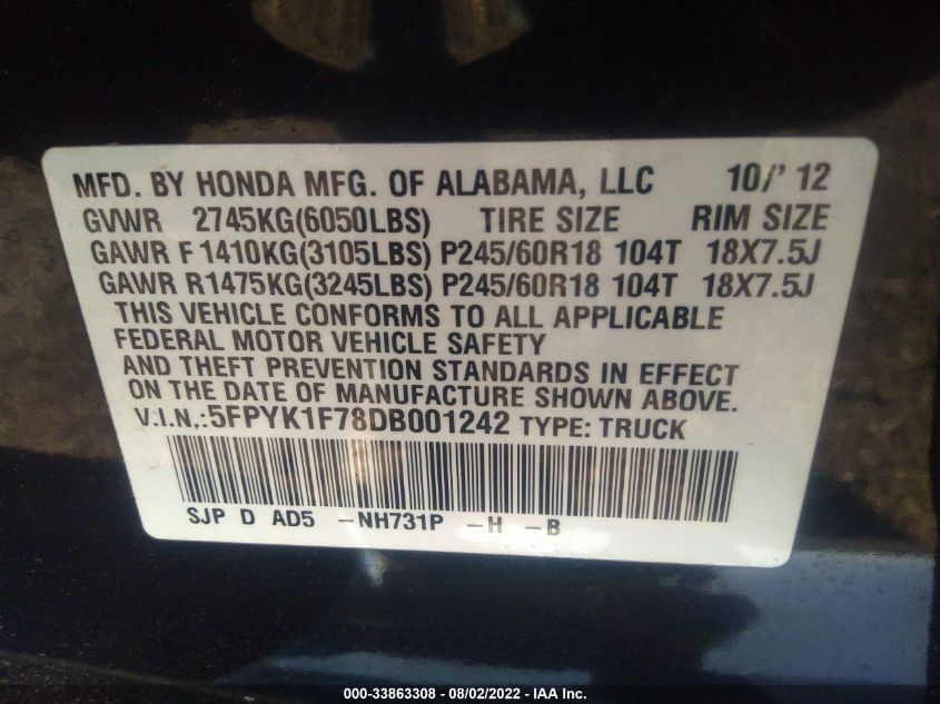 2013 HONDA RIDGELINE SPORT 5FPYK1F78DB001242