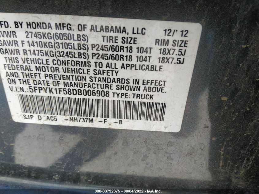 2013 HONDA RIDGELINE RTL 5FPYK1F58DB006908