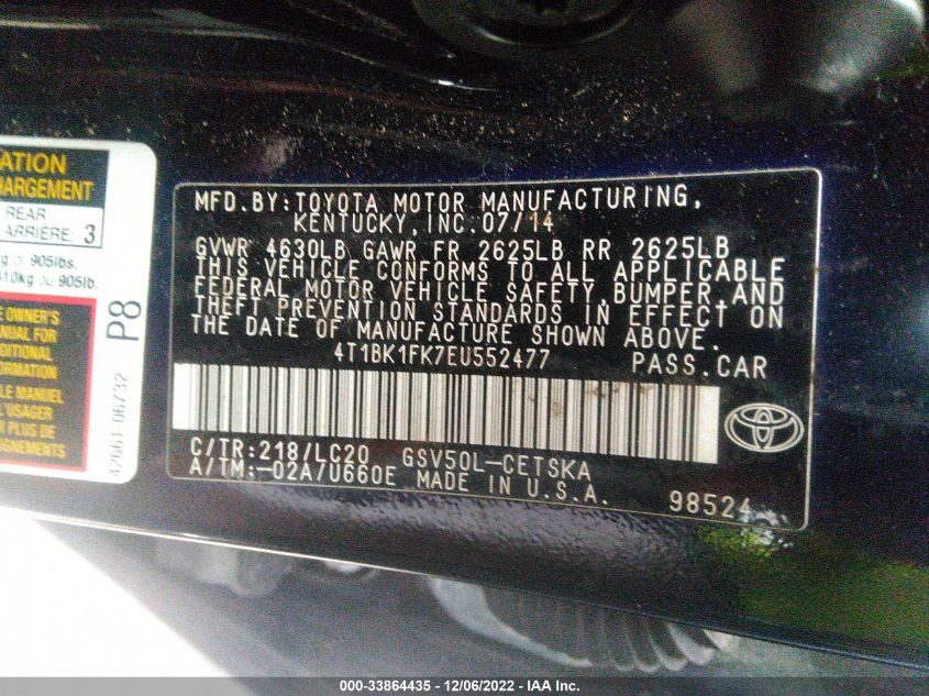 2014 TOYOTA CAMRY SE/XLE 4T1BK1FK7EU552477