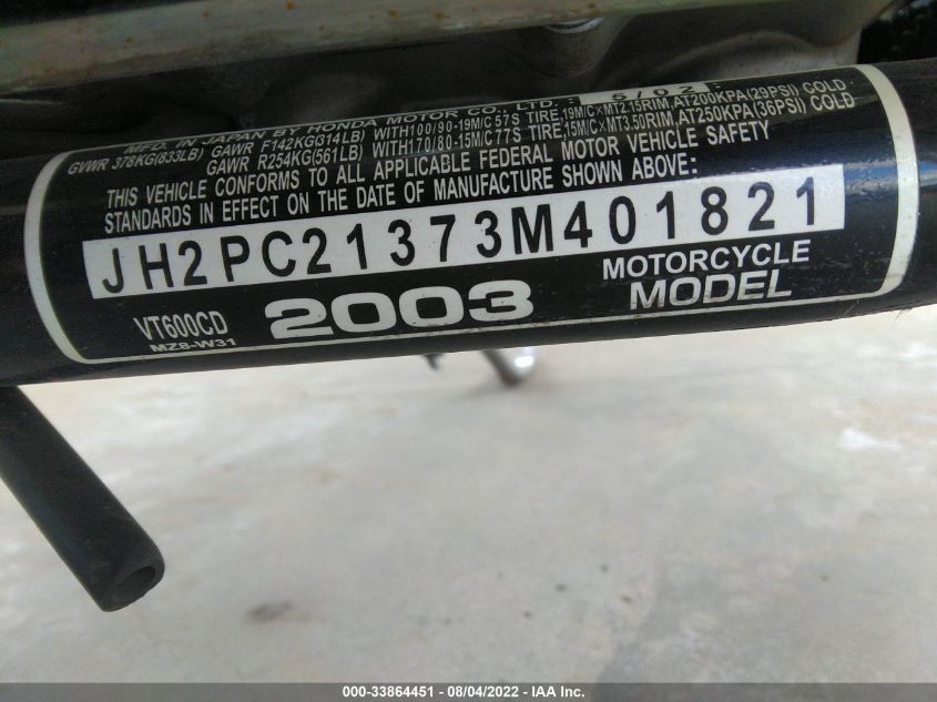 2003 HONDA VT600 CD JH2PC21373M401821