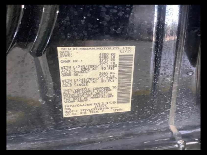 2019 NISSAN NV PASSENGER NV3500 HD SL 5BZAF0AA2KN851359