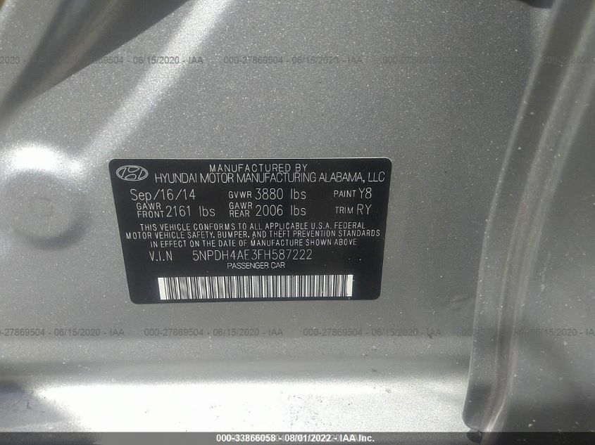 2015 HYUNDAI ELANTRA SE 5NPDH4AE3FH587222