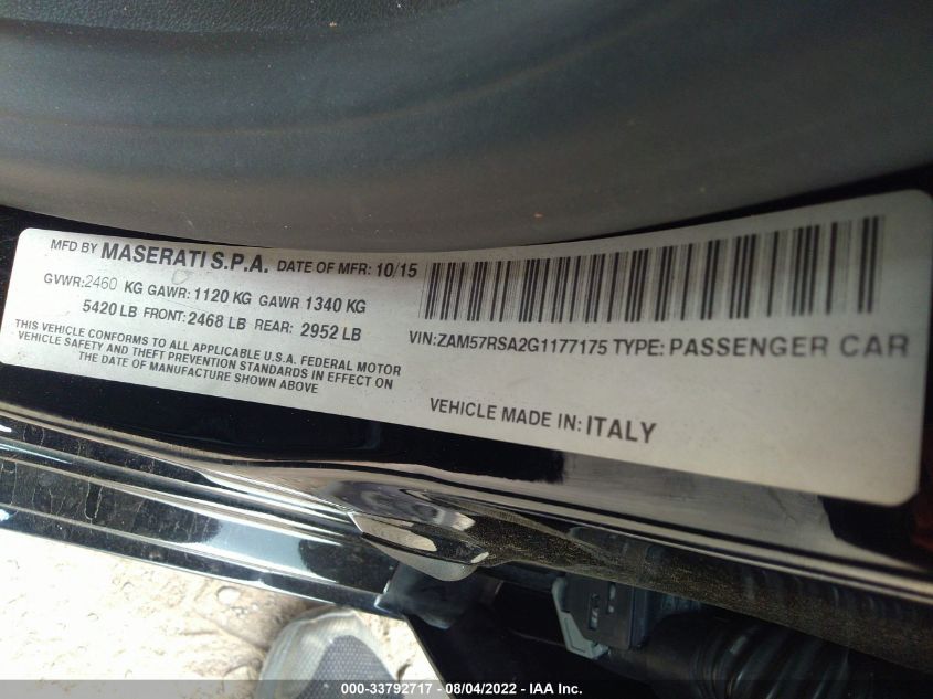 2016 MASERATI GHIBLI S ZAM57RSA2G1177175
