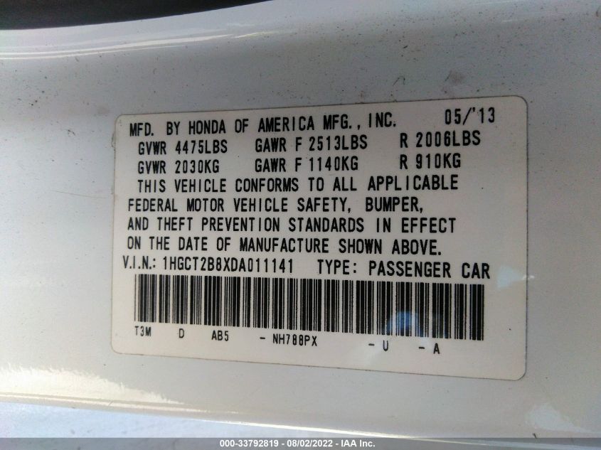 2013 HONDA ACCORD CPE EX-L 1HGCT2B8XDA011141