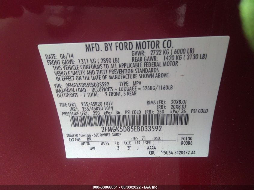 2014 FORD FLEX LIMITED 2FMGK5D85EBD33592