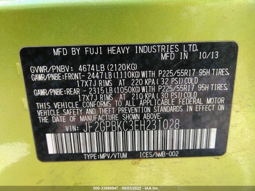 2014 SUBARU XV CROSSTREK HYBRID TOURING JF2GPBKC3EH231028