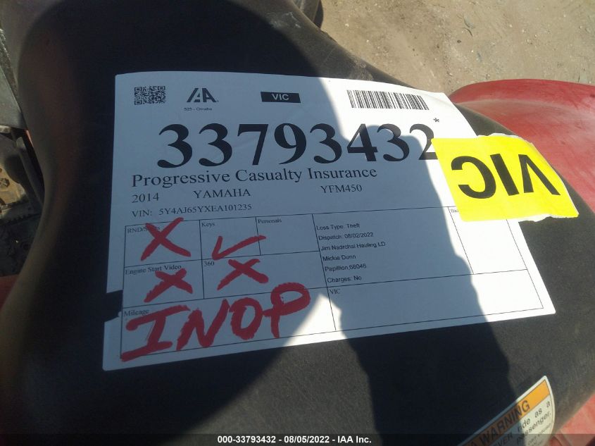 2014 YAMAHA YFM450 FWAD 5Y4AJ65YXEA101235