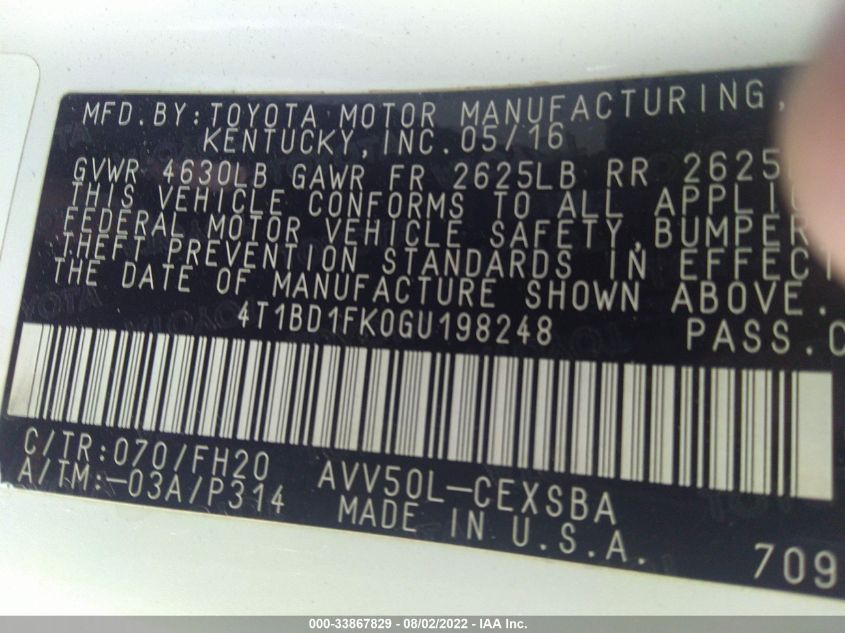 2016 TOYOTA CAMRY HYBRID SE 4T1BD1FK0GU198248