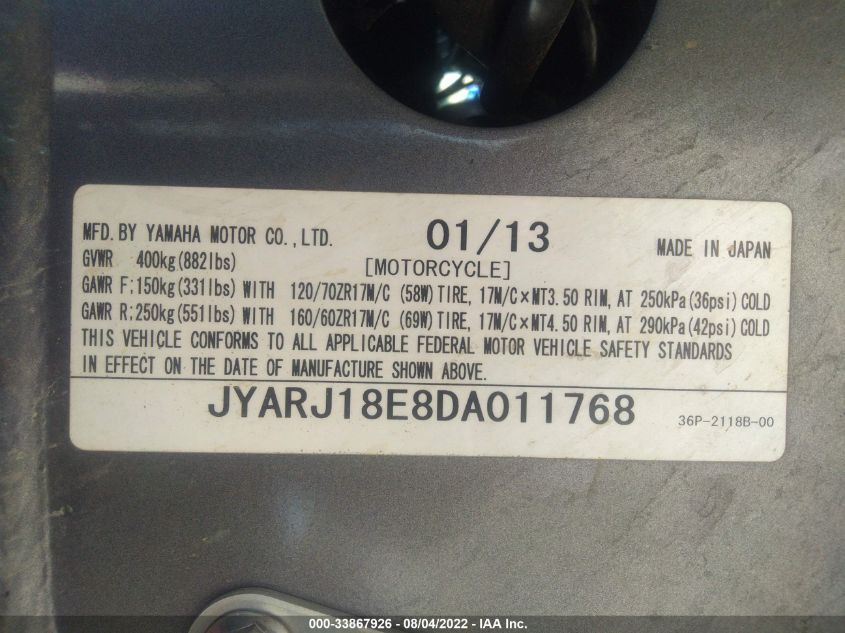 2013 YAMAHA FZ6 R JYARJ18E8DA011768