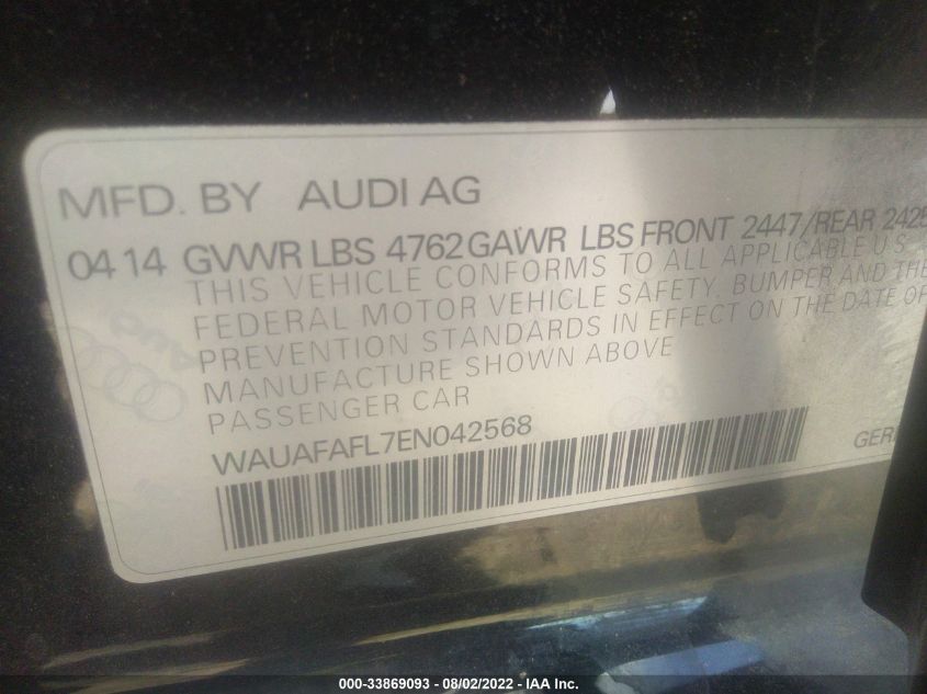 2014 AUDI A4 PREMIUM WAUAFAFL7EN042568