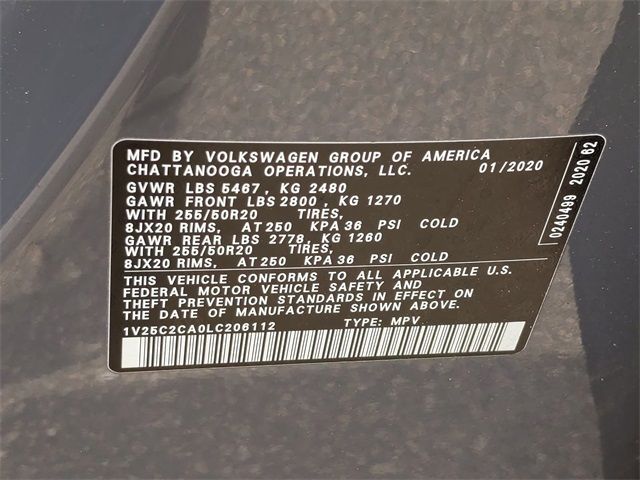 2020 VOLKSWAGEN ATLAS CROSS SPORT 2.0T SE W/TECHNOLOGY 1V25C2CA0LC206112