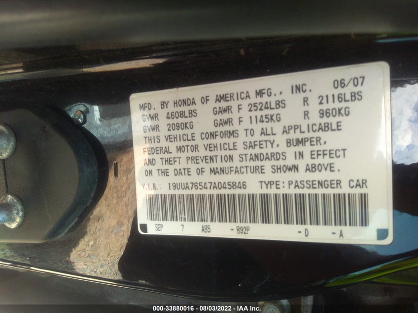 2007 ACURA TL VIN: 19UUA76547A045846