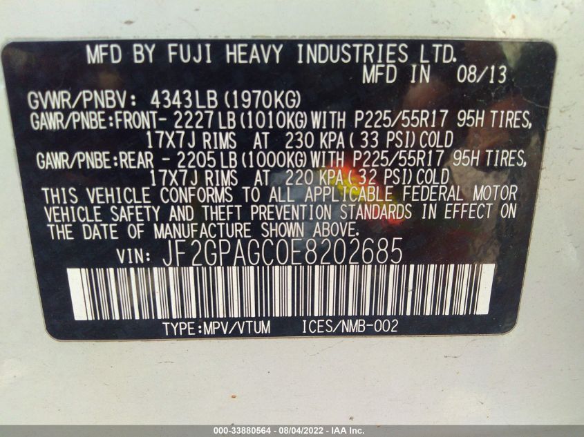 2014 SUBARU XV CROSSTREK LIMITED JF2GPAGC0E8202685