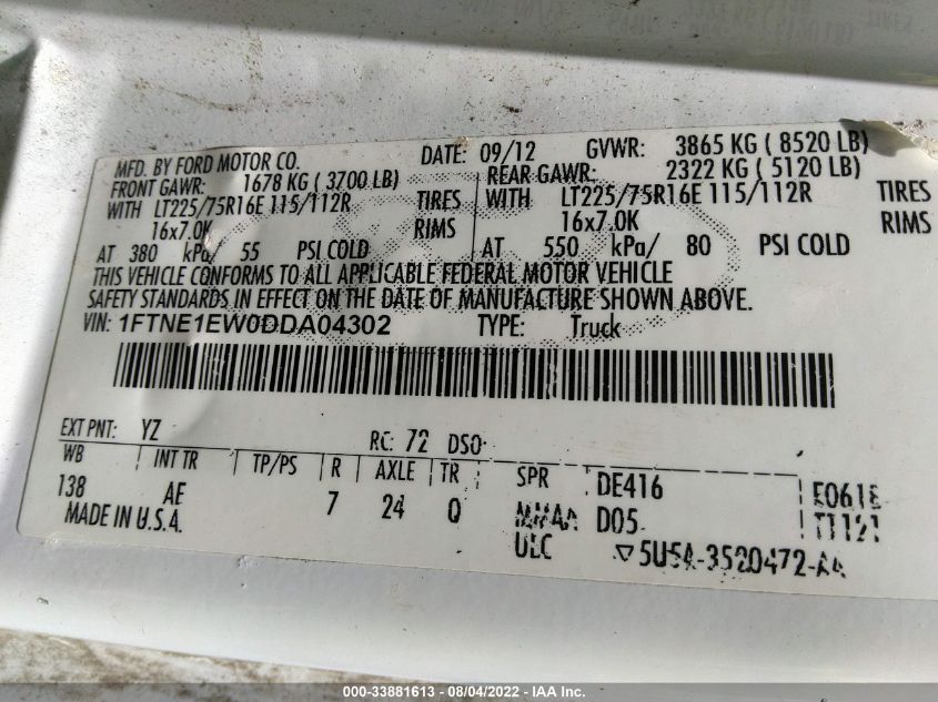 2013 FORD ECONOLINE CARGO VAN COMMERCIAL 1FTNE1EW0DDA04302