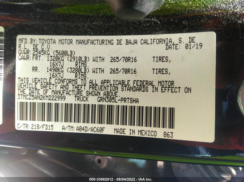 VIN 3TMCZ5AN2KM222999 2019 TOYOTA TACOMA 4WD SR/SR5/TRD SPORT