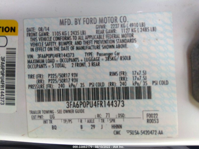 2015 FORD FUSION ENERGI SE LUXURY 3FA6P0PU4FR144373