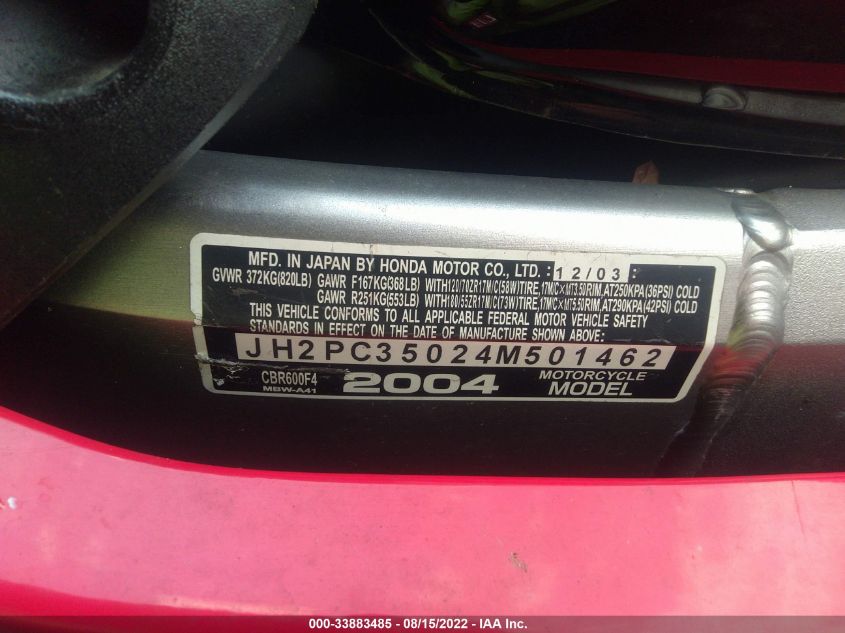 2004 HONDA CBR600 F4 JH2PC35024M501462