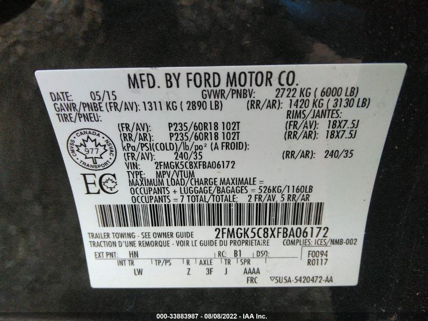 2015 FORD FLEX SEL 2FMGK5C8XFBA06172