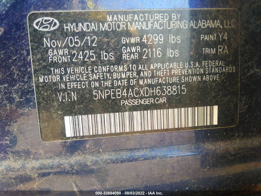2013 HYUNDAI SONATA GLS PZEV 5NPEB4ACXDH638815