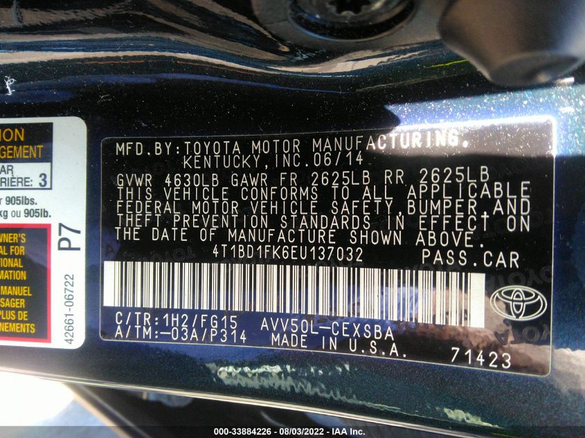 2014 TOYOTA CAMRY HYBRID SE LIMITED EDITION 4T1BD1FK6EU137032