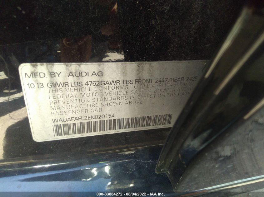 2014 AUDI A4 PREMIUM WAUAFAFL2EN020154