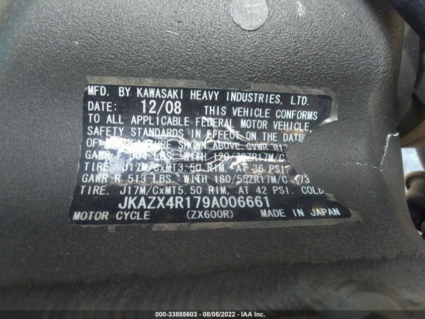 2009 KAWASAKI ZX600 R JKAZX4R179A006661