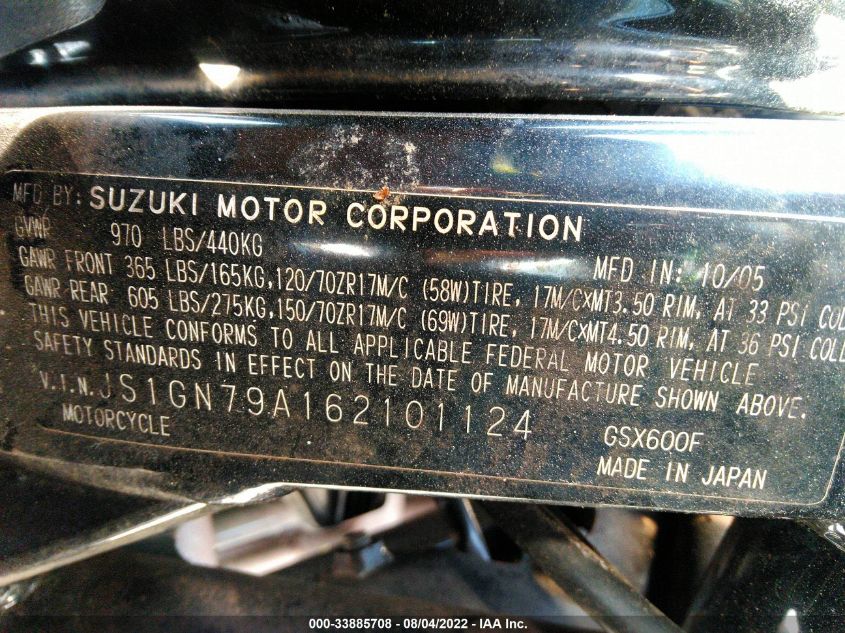 2006 SUZUKI GSX600 F JS1GN79A162101124