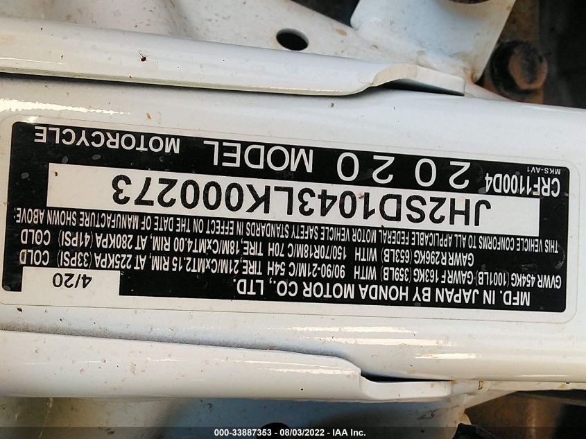 2020 HONDA CRF1100 D4 JH2SD1043LK000273