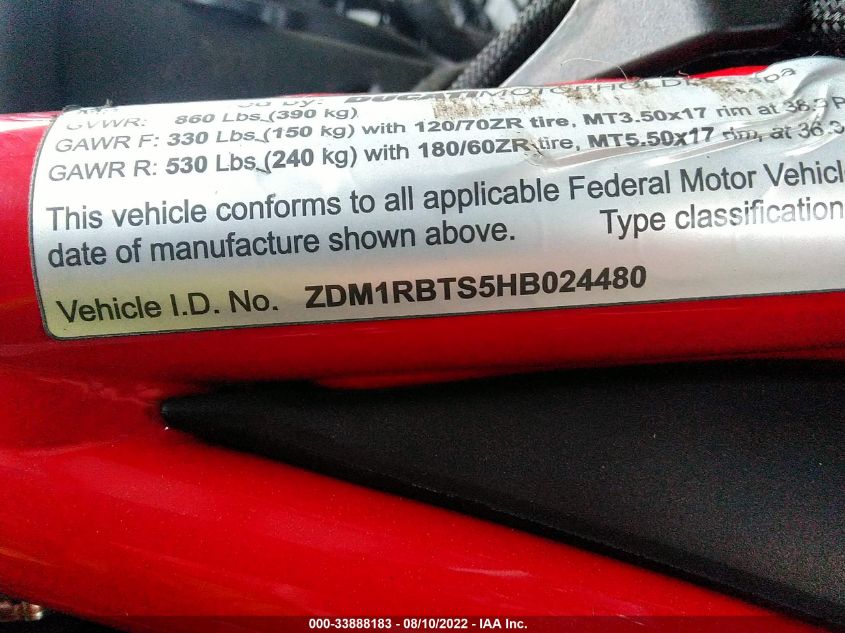 2017 DUCATI MONSTER 821 ZDM1RBTS5HB024480