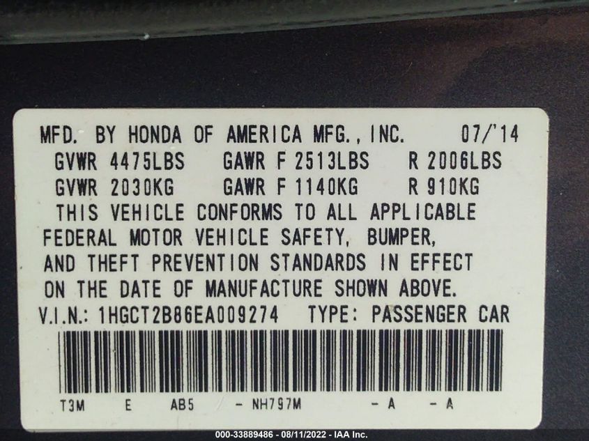 2014 HONDA ACCORD CPE EX-L 1HGCT2B86EA009274