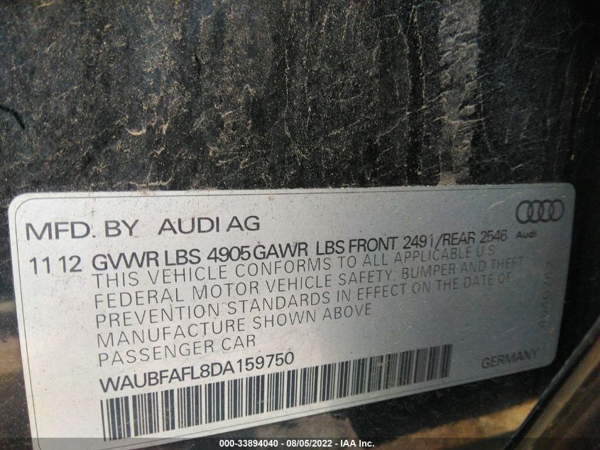 2013 AUDI A4 PREMIUM WAUBFAFL8DA159750