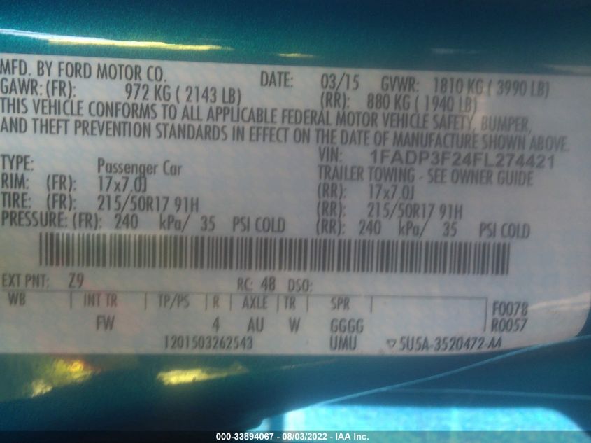 2015 FORD FOCUS SE 1FADP3F24FL274421