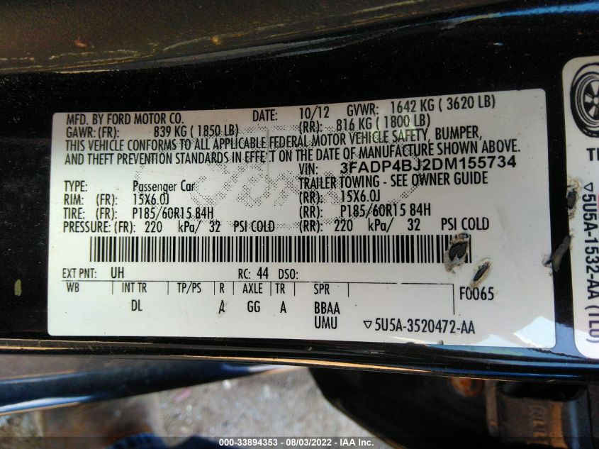 2013 FORD FIESTA SE 3FADP4BJ2DM155734