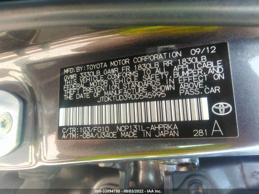 2013 TOYOTA YARIS L/LE/SE JTDKTUD39DD545995