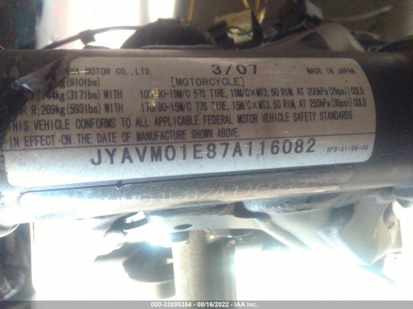 2007 YAMAHA XVS650 JYAVM01E87A116082