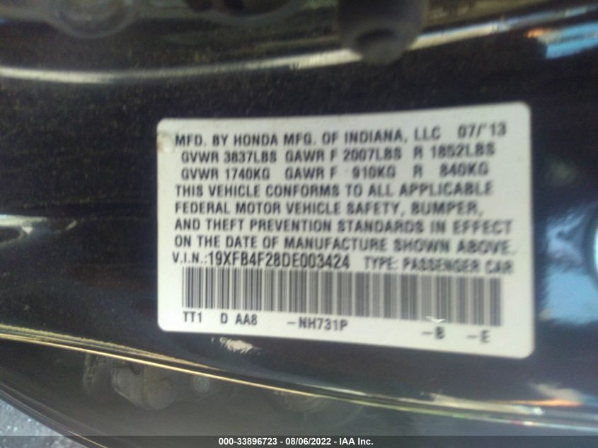 2013 HONDA CIVIC HYBRID 19XFB4F28DE003424