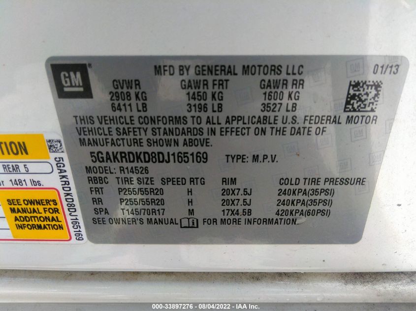 2013 BUICK ENCLAVE PREMIUM 5GAKRDKD8DJ165169