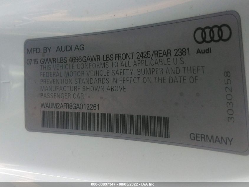 2016 AUDI A5 PREMIUM PLUS WAUM2AFR8GA012261