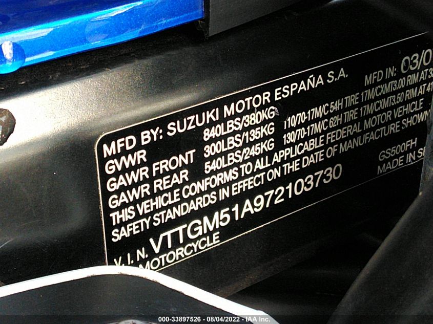 2007 SUZUKI GS500 VTTGM51A972103730