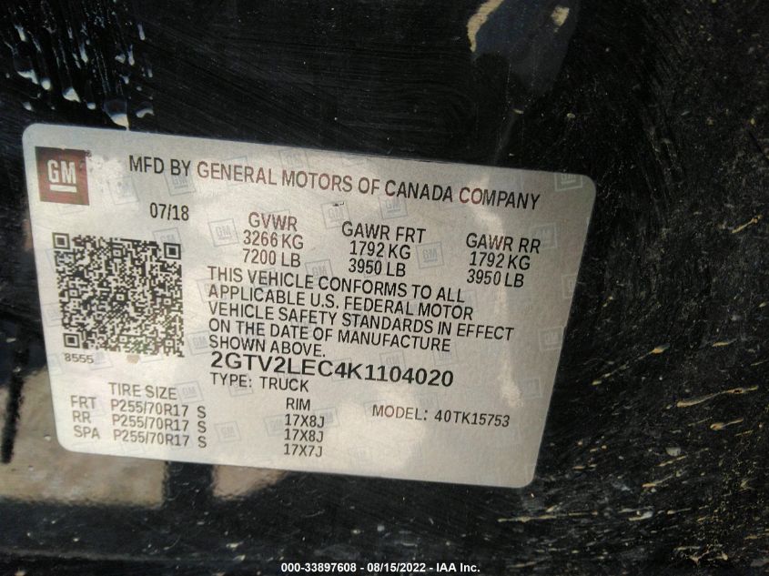 2019 GMC SIERRA 1500 LIMITED 2GTV2LEC4K1104020