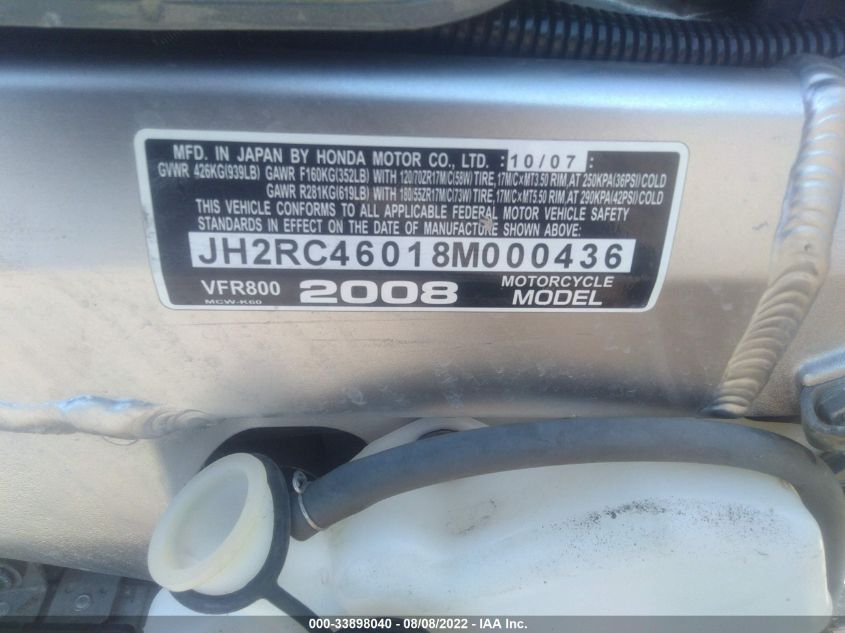 2008 HONDA VFR800 JH2RC46018M000436