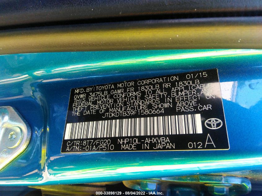 2015 TOYOTA PRIUS C ONE/TWO/THREE/FOUR JTDKDTB39F1580664