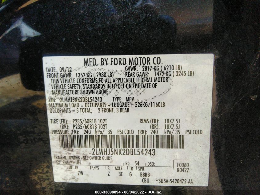2013 LINCOLN MKT 2LMHJ5NK2DBL54243