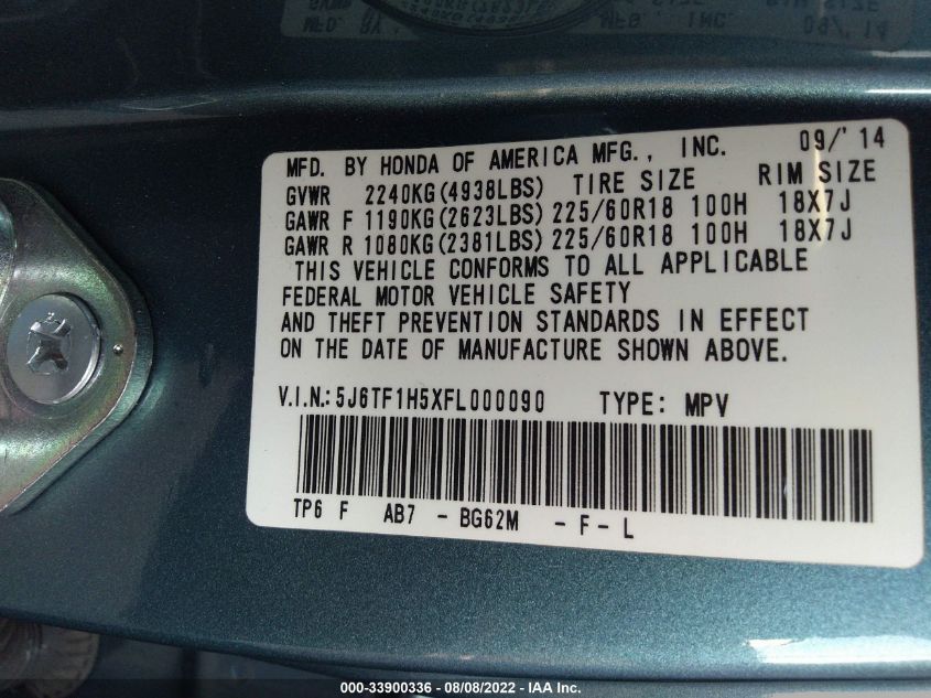 2015 HONDA CROSSTOUR EX-L 5J6TF1H5XFL000090