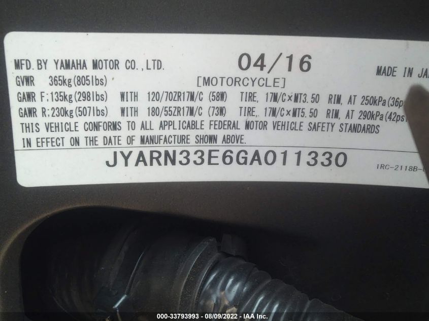2016 YAMAHA FZ09 JYARN33E6GA011330