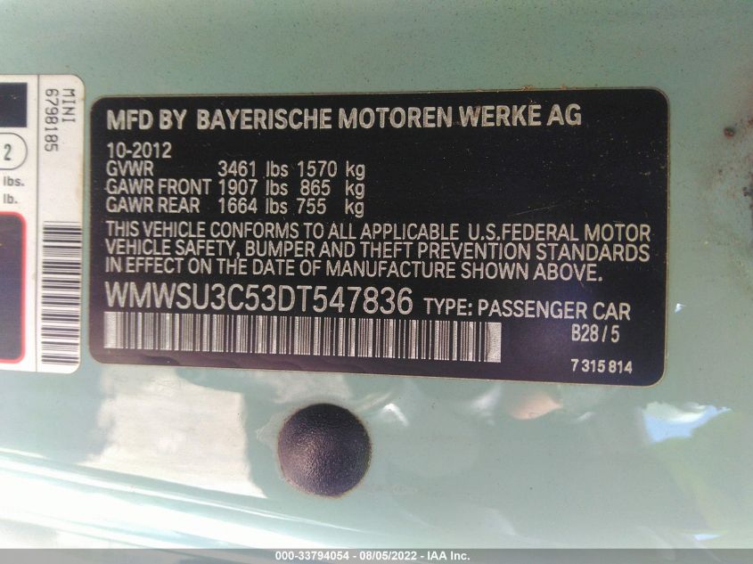2013 MINI COOPER HARDTOP WMWSU3C53DT547836