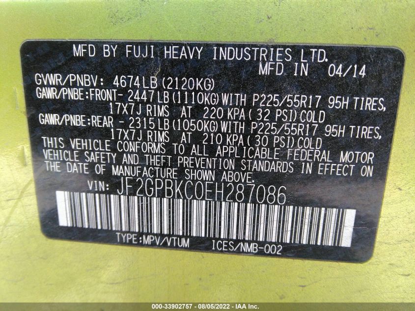 2014 SUBARU XV CROSSTREK HYBRID TOURING JF2GPBKC0EH287086