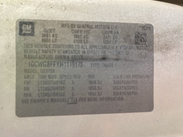 2017 CHEVROLET EXPRESS CARGO VAN 1GCWGBFFXH1119175